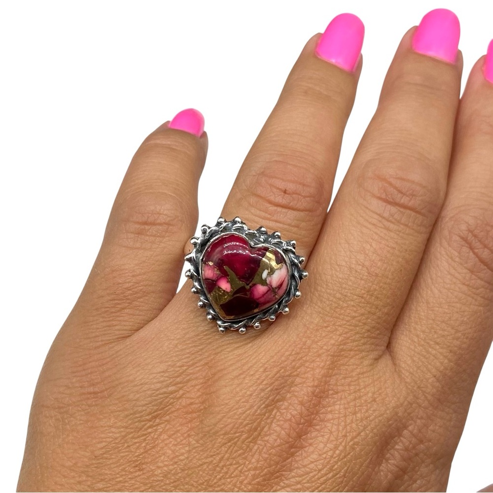 Red Rose Dahlia Kingman Turquoise Heart Ring Size 10 Solid 925 Sterling Silver - Picture 3 of 7